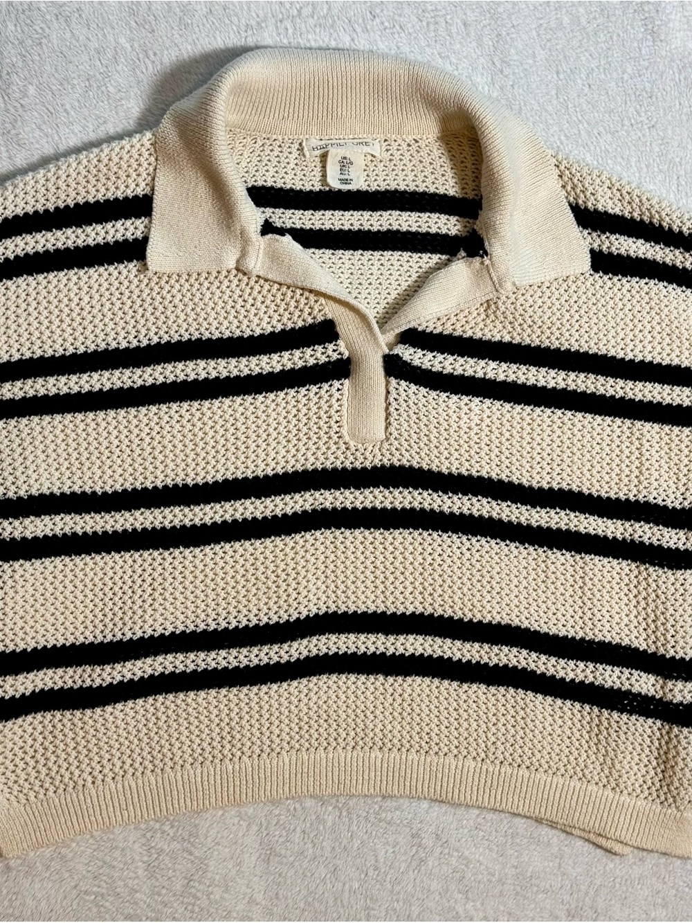 Striped Cream V-Neck Polo Sweater